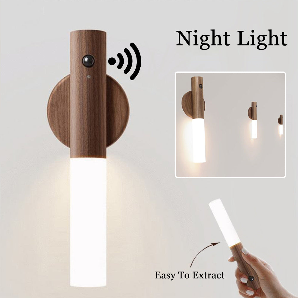 Wireless Magnetic LED Night Light – USB Rechargeable, PIR Motion Sensor, Wooden Finish for Hallways, Closets, Porch
