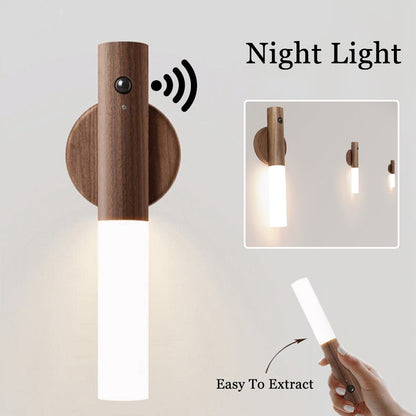 Wireless Magnetic LED Night Light – USB Rechargeable, PIR Motion Sensor, Wooden Finish for Hallways, Closets, Porch